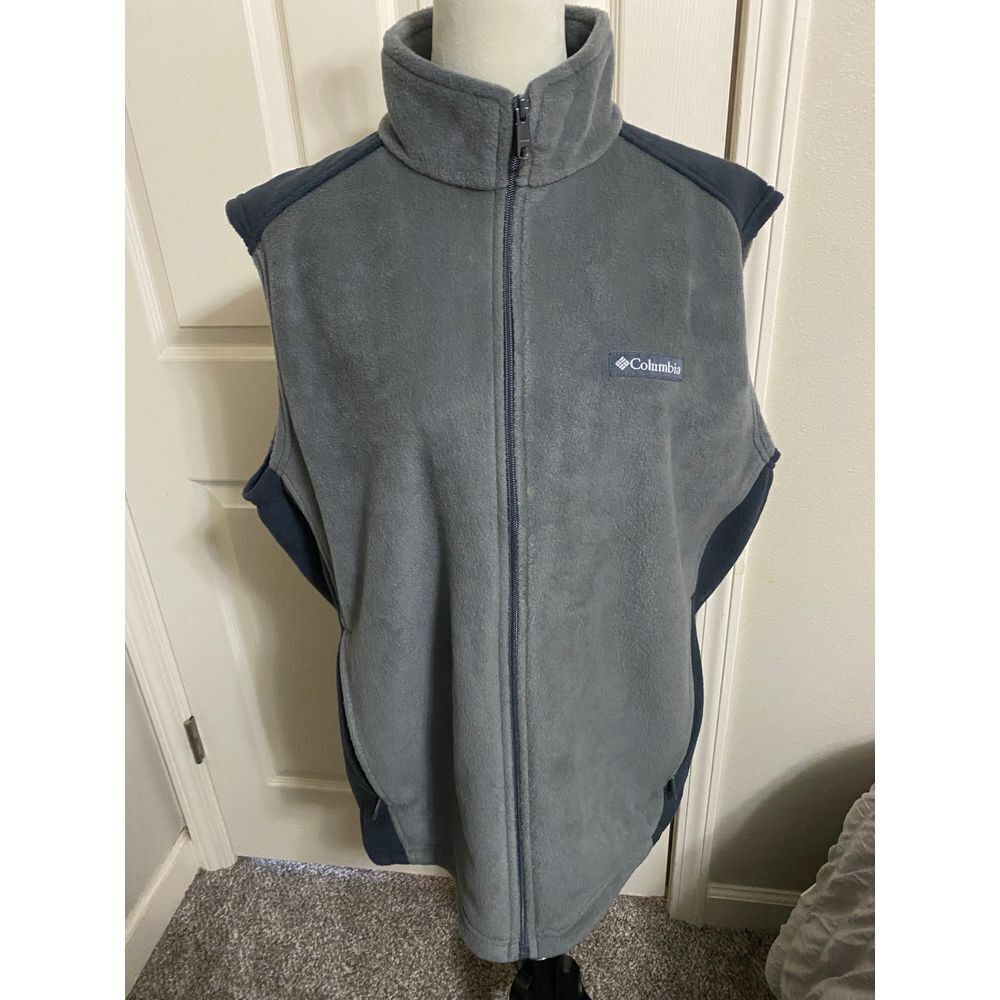 Columbia Fleece Vest Mens L Gray Sleeveless Full Zip Up Black Trim‎